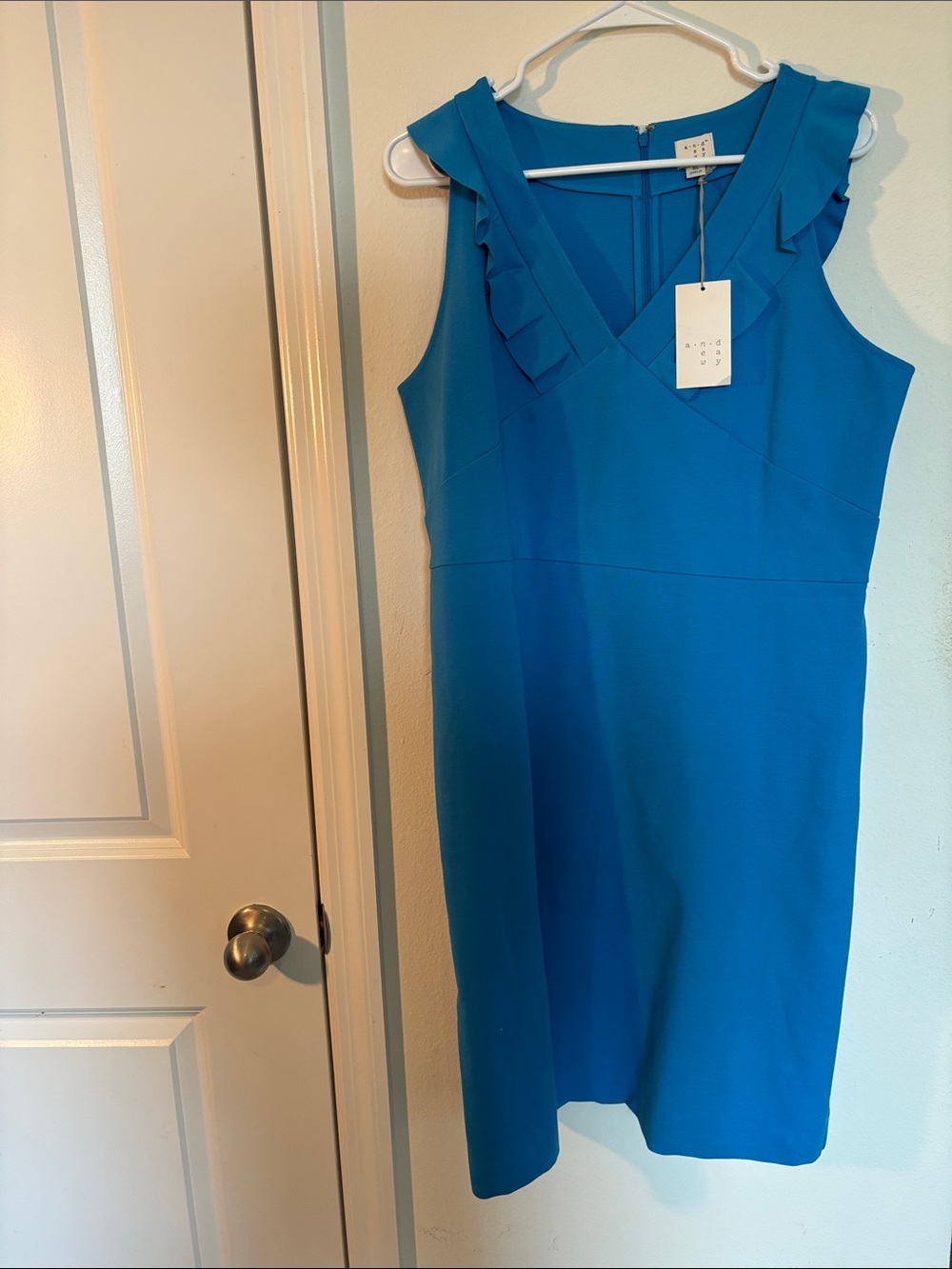 a new day Teal-Blue Ruffle V-Neck Midi Sheath Dress